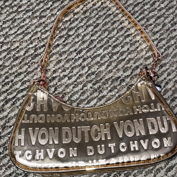 🆕️Von Dutch Gold Metallic Mini Shoulder Bag Y2K Logo Purse w/ Chain Strap - Picture 6 of 12
